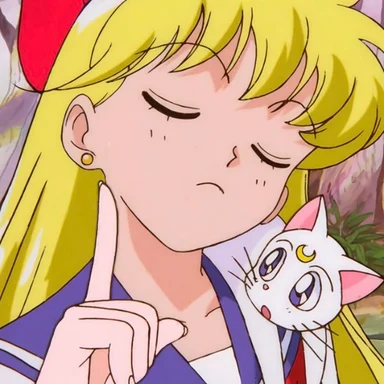 Anime screenshot of a blonde girl in a school uniform raising a finger with a white cat on her shoulder