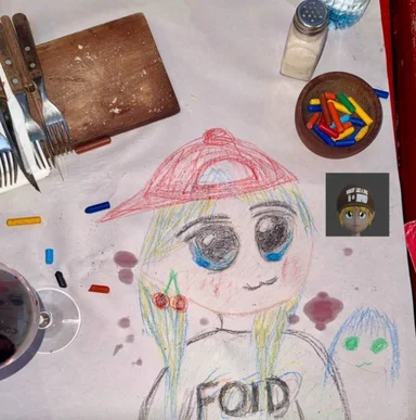 Crayon drawing on diner paper of a blonde girl in a red cap wearing a shirt reading "FOID"