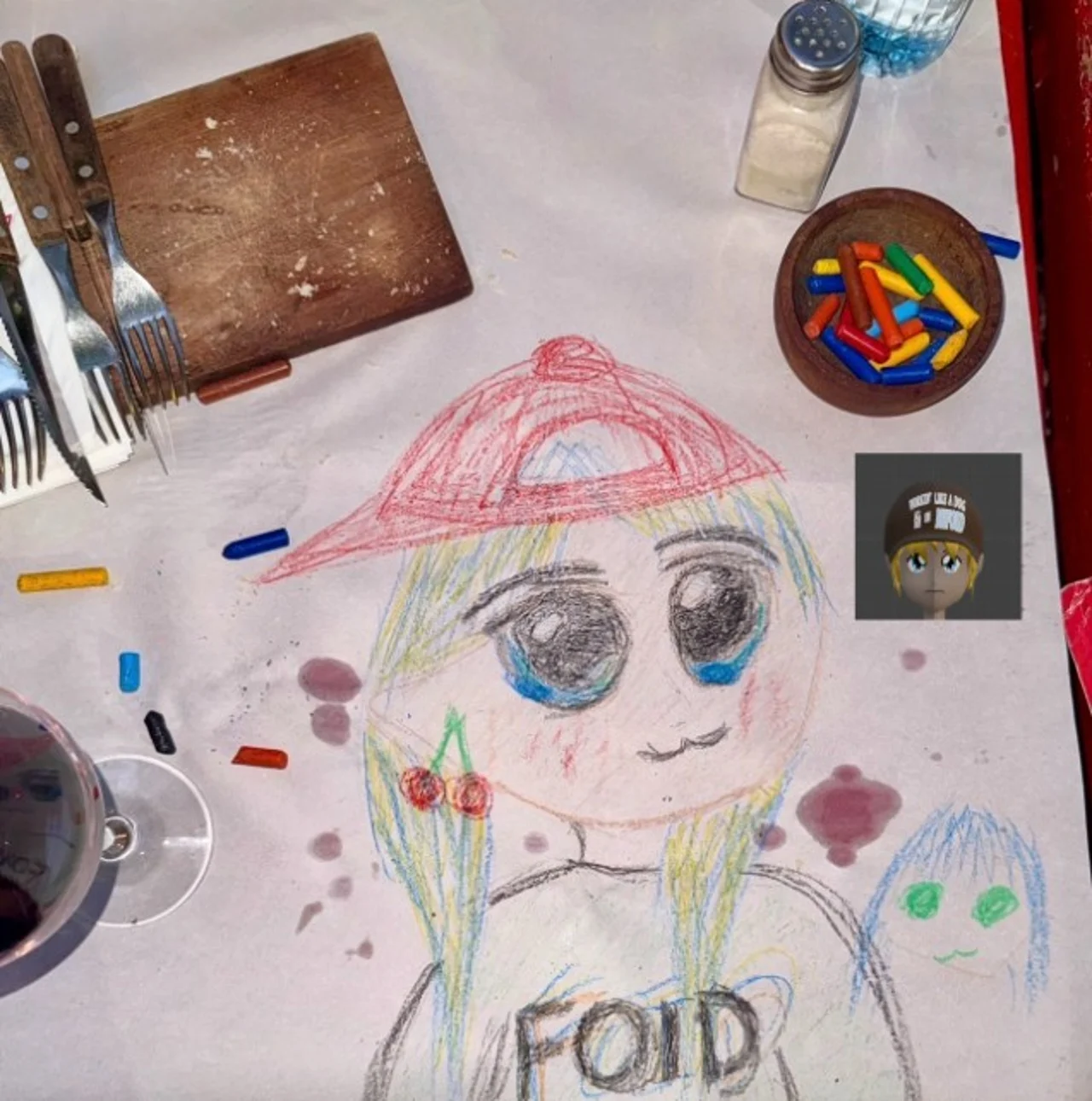 Crayon drawing on diner paper of a blonde girl in a red cap wearing a shirt reading "FOID"