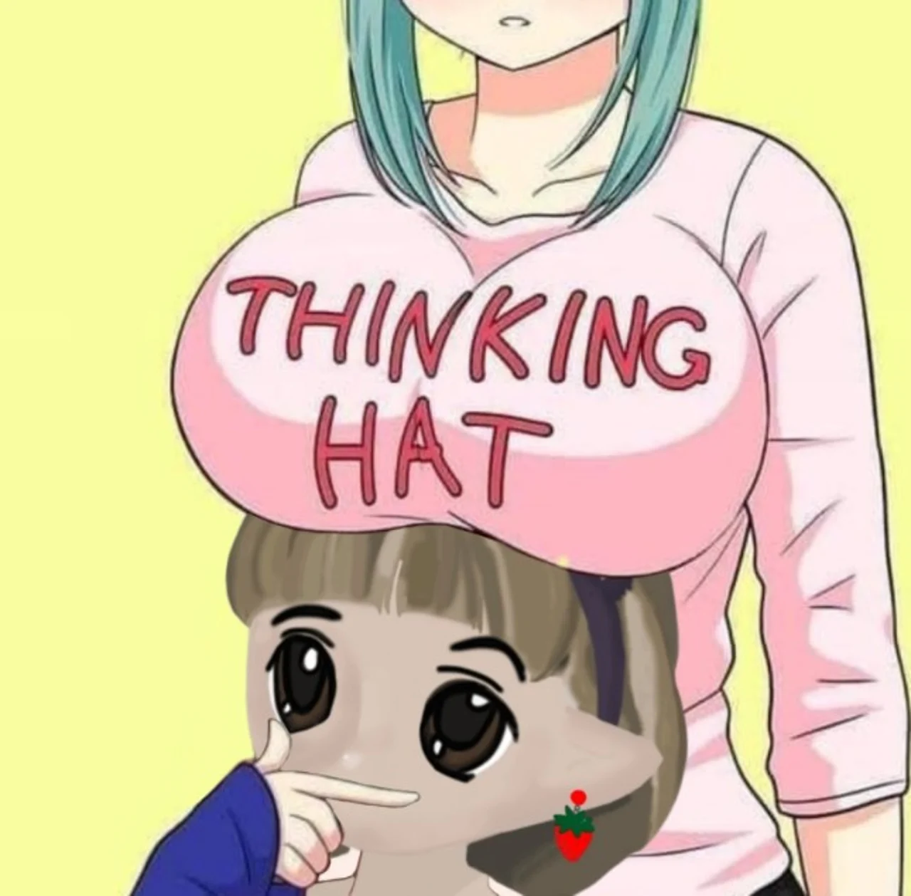 Anime drawing of a tall woman in a pink shirt labeled "THINKING HAT" resting over a small character's head.
