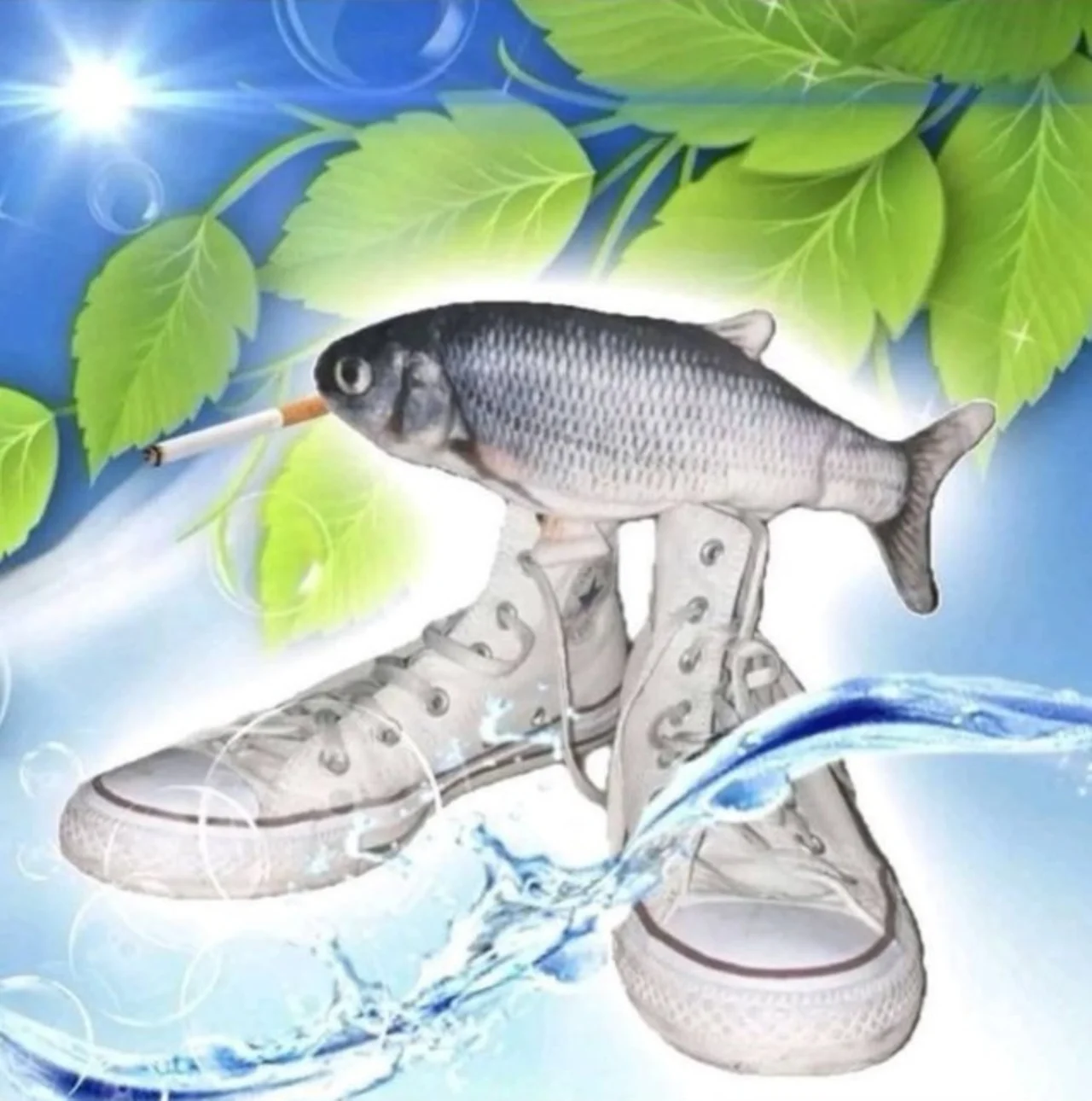 Photoshopped fish smoking a cigarette while standing in two white high-top sneakers