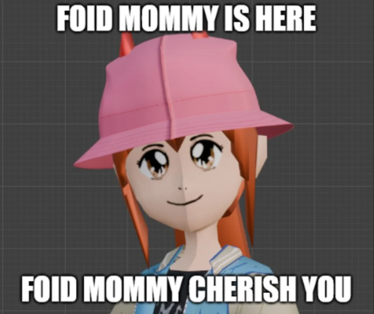 Low-poly 3D avatar of a smiling orange-haired girl in a pink bucket hat with meme captions
