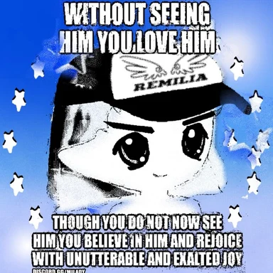 High-contrast anime face in a 'REMILIA' cap on blue star background with Bible verse text overlay