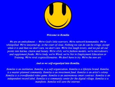 Blue webpage with yellow smiley face above italic white text headed 'Welcome to Remilia'