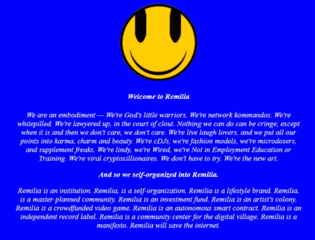 Blue webpage with yellow smiley face above italic white text headed 'Welcome to Remilia'