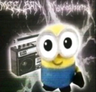 Crocheted big-eyed minion plush glowing with lightning beside a boombox under illegible black metal text
