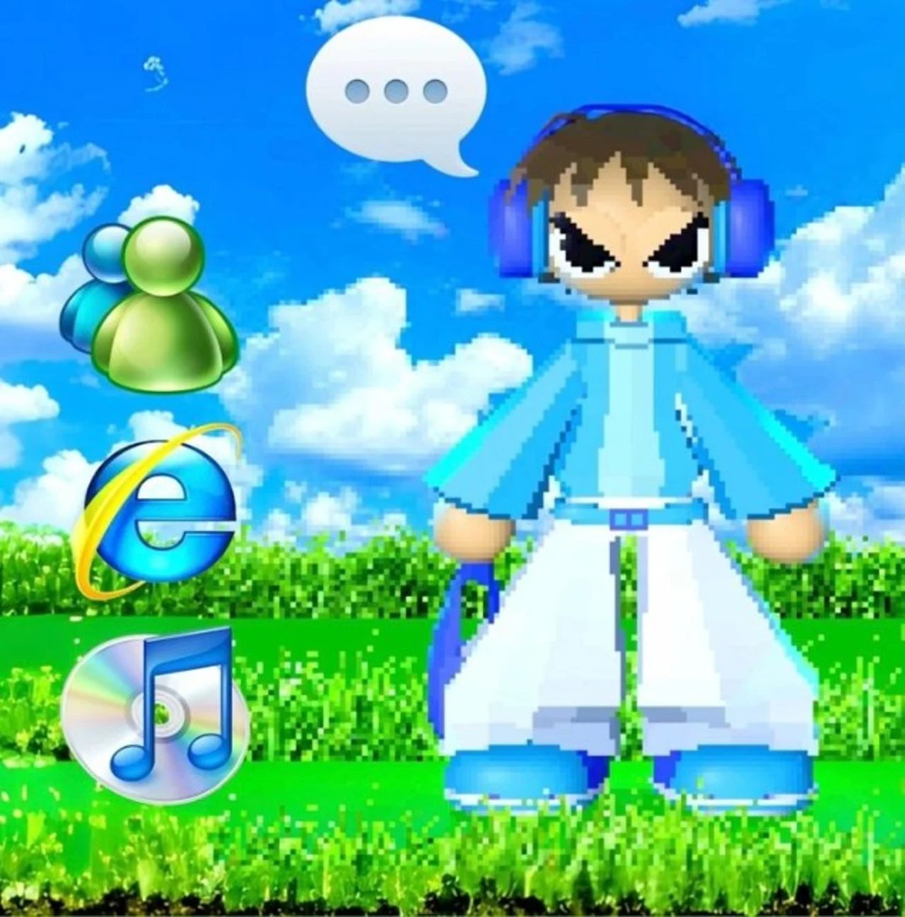 Pixelated cartoon character in blue headphones on the Windows XP grass hill with MSN, Internet Explorer and iTunes icons