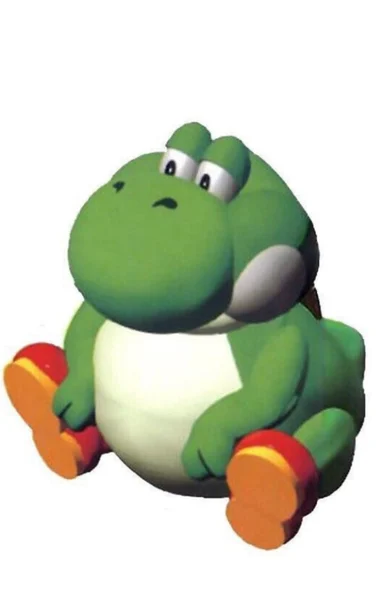 Render of a very round green dinosaur character with red and orange shoes sitting on a white background