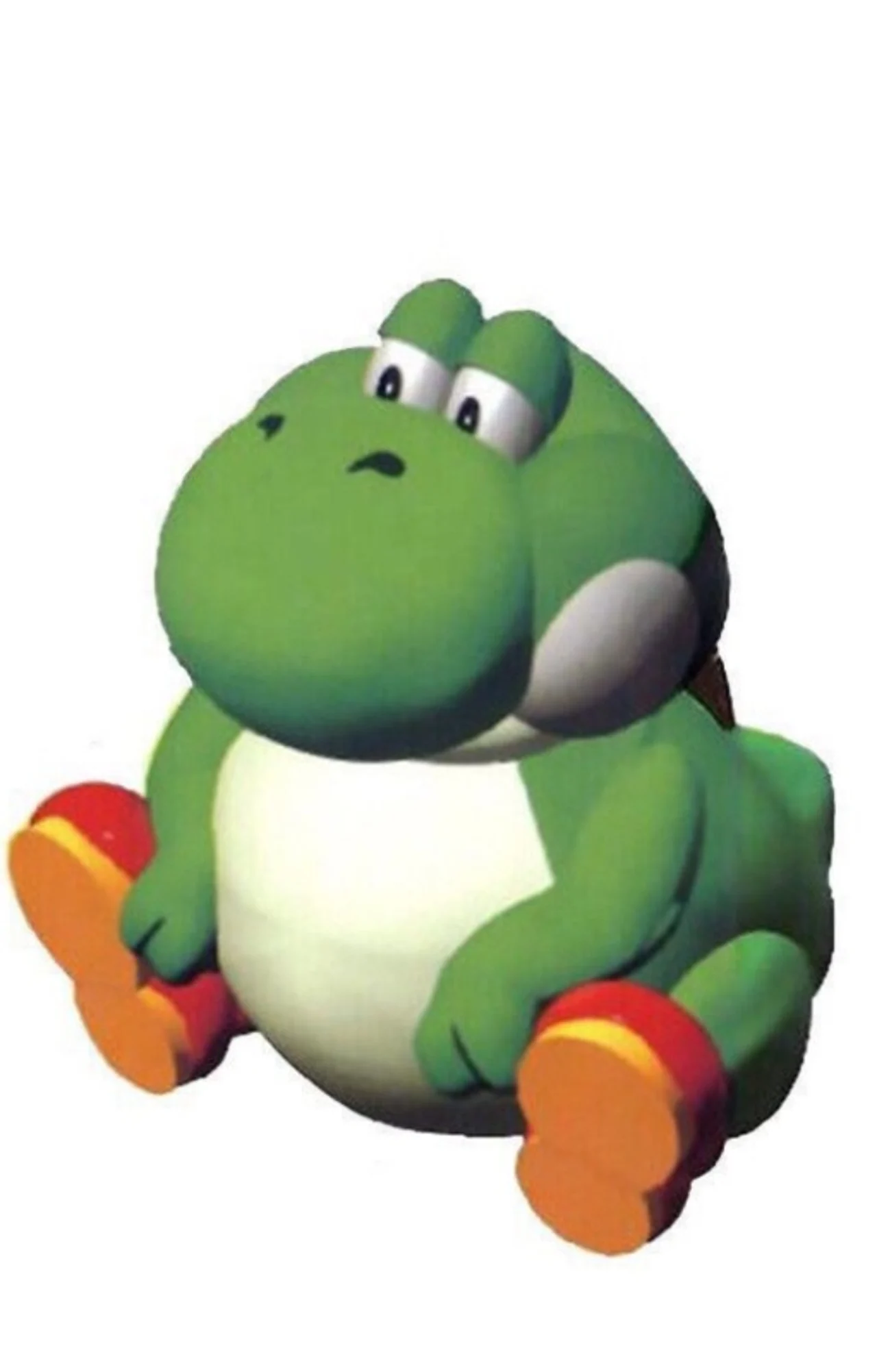 Render of a very round green dinosaur character with red and orange shoes sitting on a white background