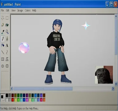 Mock MS Paint window containing a 3D blue-haired anime avatar, a bubble, a sparkle and a black dog photo