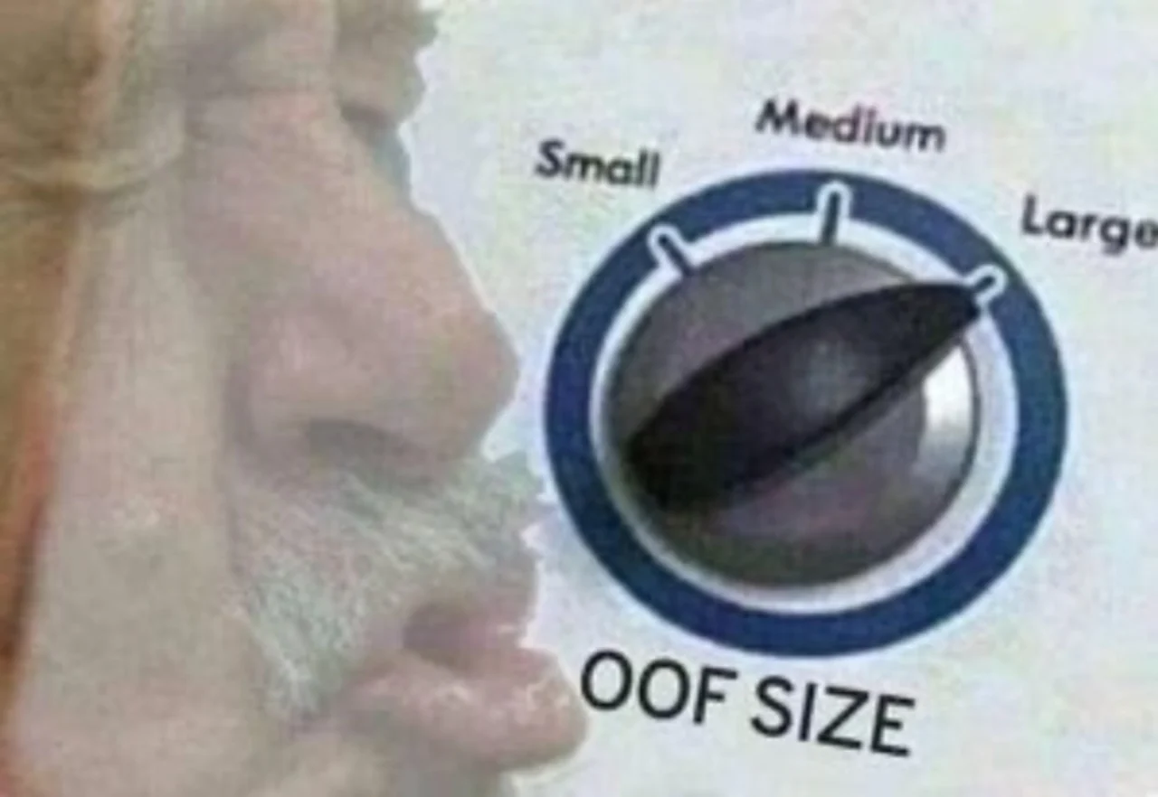Close-up profile of a bearded man beside an appliance dial labeled 'OOF SIZE' turned to Large