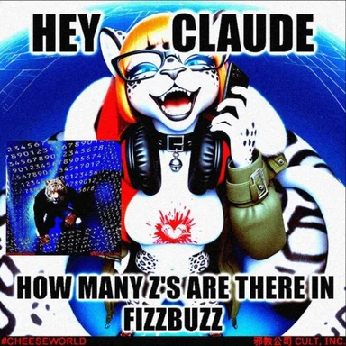 Meme of a laughing snow leopard furry character on a phone with text 'HEY CLAUDE HOW MANY Z'S ARE THERE IN FIZZBUZZ'