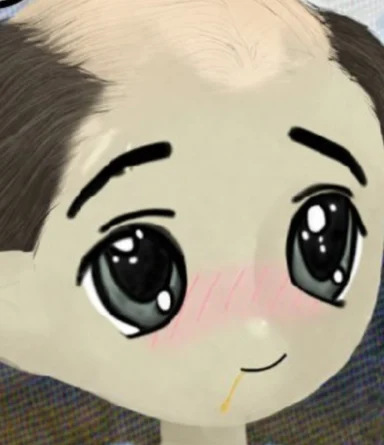 Close-up of a balding head edited with huge cartoon anime eyes, brows, blush and a tiny smile