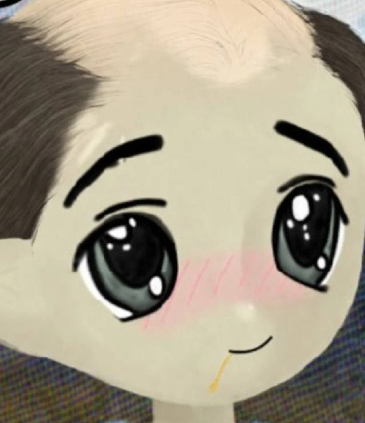 Close-up of a balding head edited with huge cartoon anime eyes, brows, blush and a tiny smile