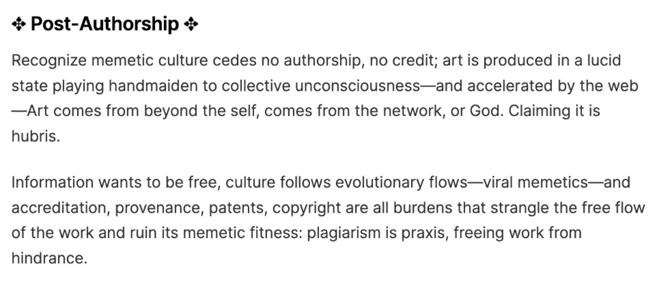 Screenshot of black text on white headed "Post-Authorship" arguing memetic culture cedes authorship and credit